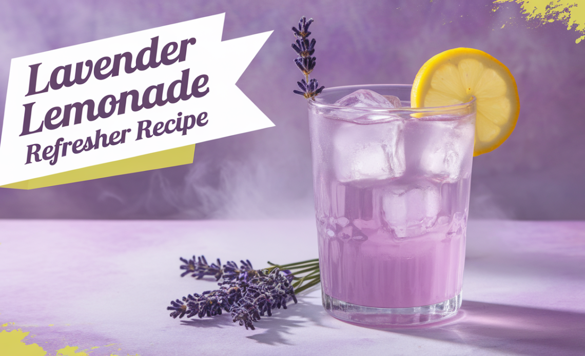 A refreshing glass of lavender lemonade with a sprig of lavender and lemon slices.