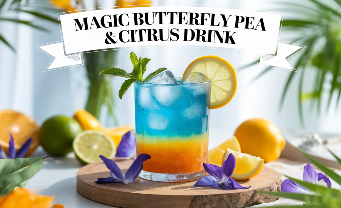 A refreshing glass of Magic Butterfly Pea & Citrus drink with vibrant blue color, garnished with a slice of citrus and a sprig of mint.