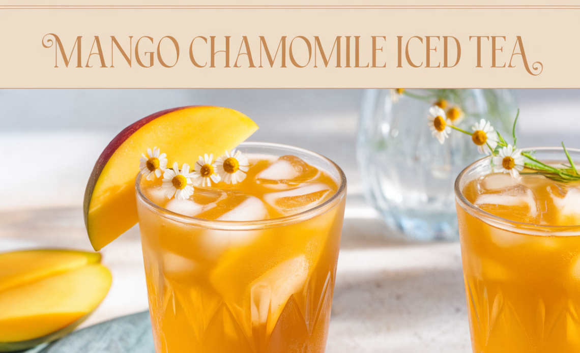 A glass of Mango Chamomile Iced Tea, with a vibrant golden color, garnished with fresh mango slices and chamomile flowers, served over ice.