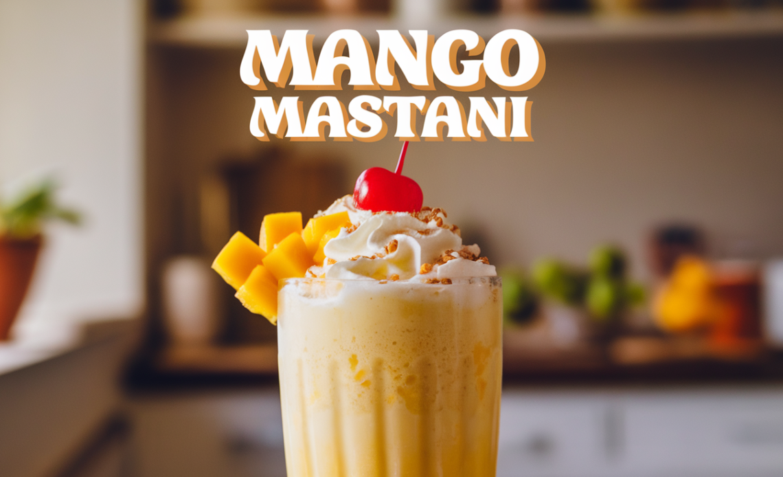 A vibrant and creamy Mango Mastani served in a tall glass, topped with whipped cream, fresh mango slices, and a cherry.