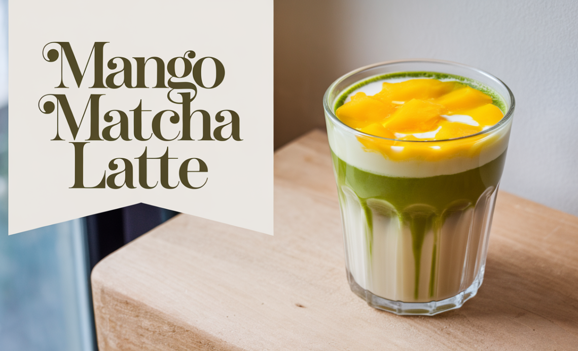 A layered mango matcha latte in a clear glass, showcasing vibrant yellow mango puree topped with bright green matcha and creamy milk, served with ice.