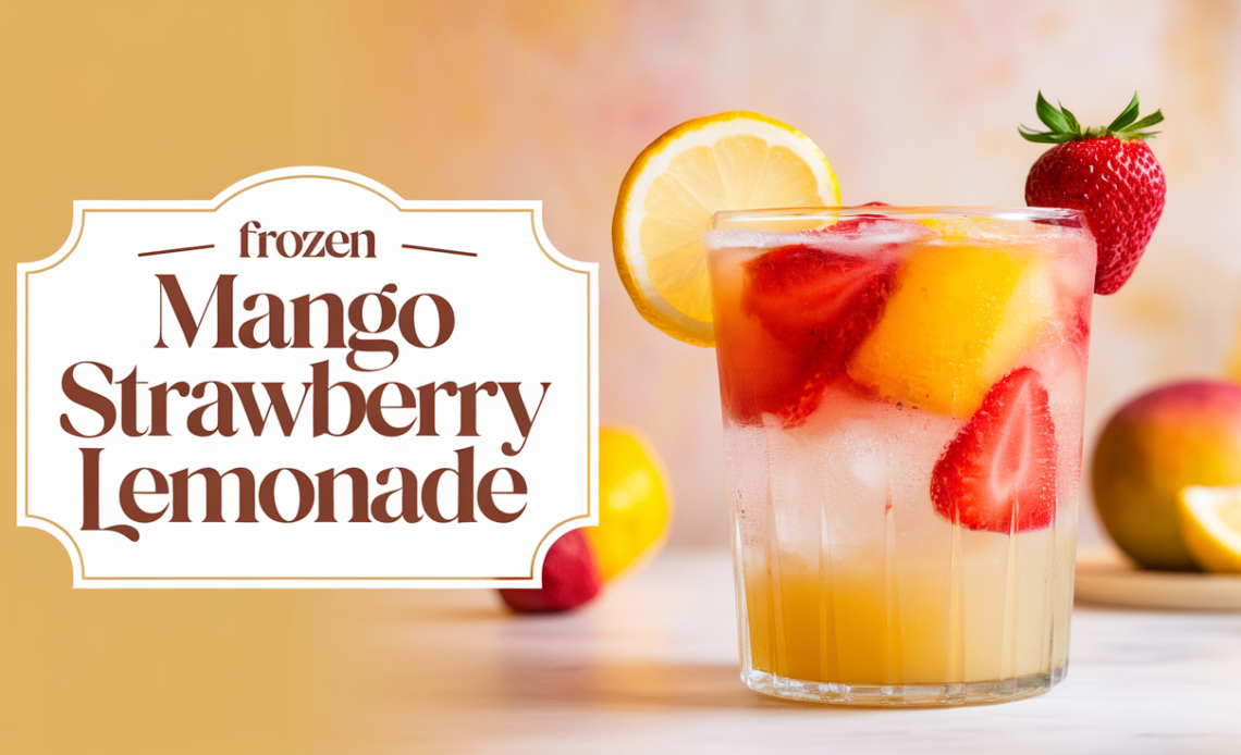 A frosty glass of frozen mango strawberry lemonade, topped with fresh fruit slices and a mint sprig, served with a colorful straw.