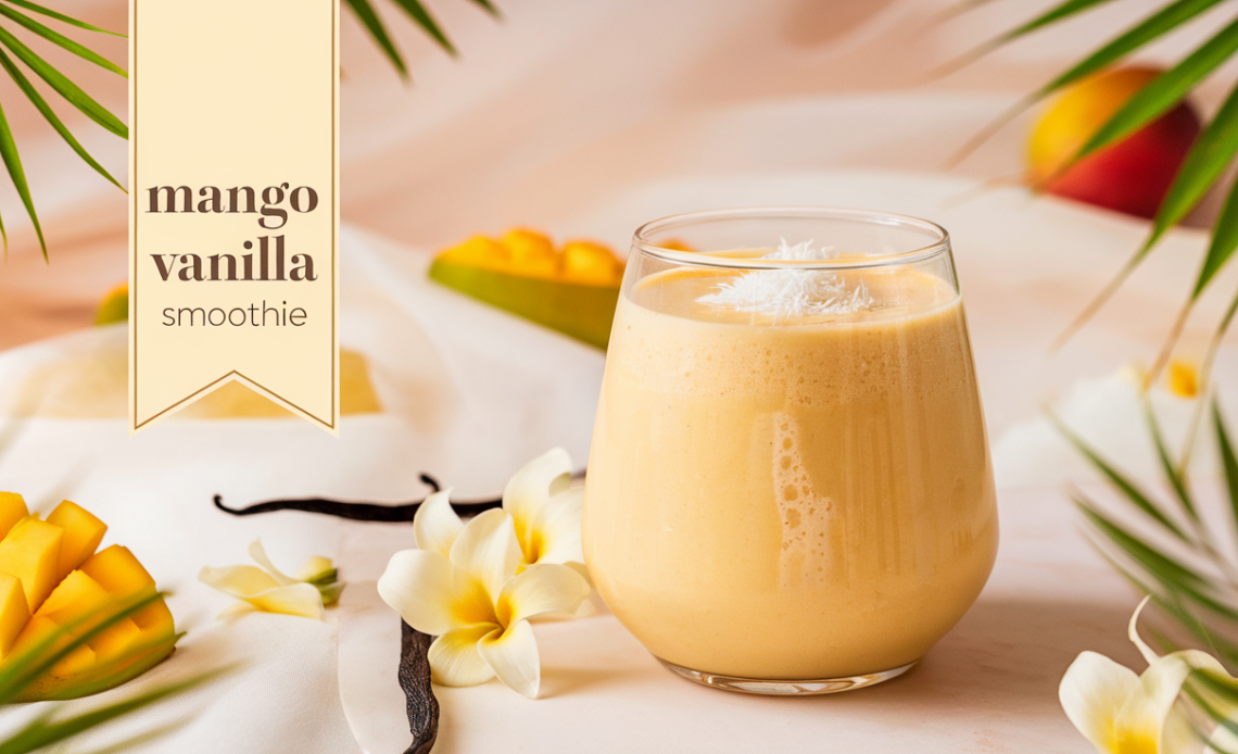 A refreshing mango vanilla smoothie in a glass, topped with a slice of mango and a sprig of mint.