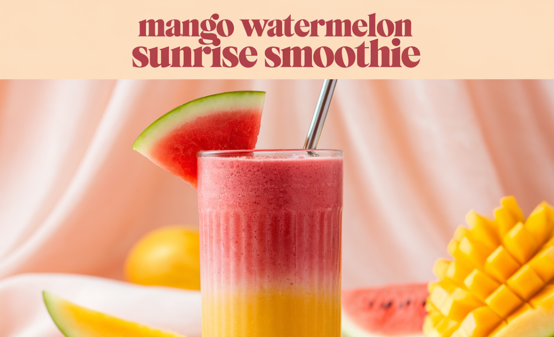 A vibrant Mango Watermelon Sunrise Smoothie in a glass, layered with orange and pink hues, garnished with fresh mint leaves and a slice of watermelon.