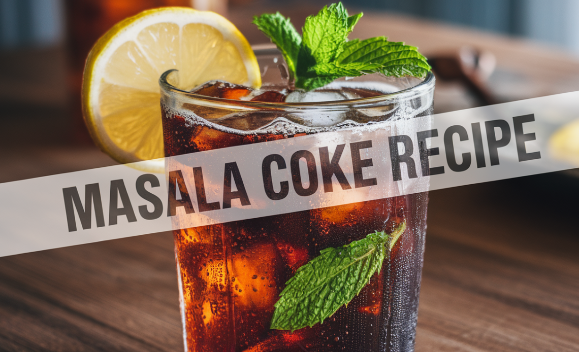 A glass of Masala Coke garnished with lemon slices and mint leaves, surrounded by spices like black salt, chaat masala, and cumin.