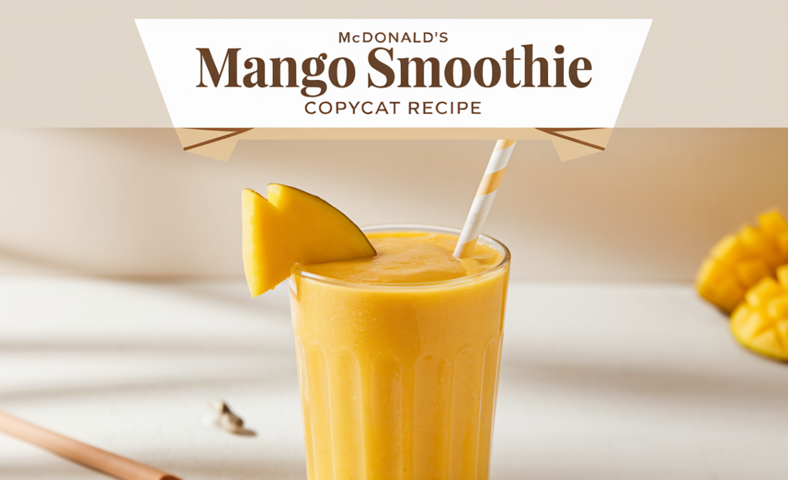 A creamy, vibrant mango smoothie in a glass, topped with a slice of mango and a straw, served with a fresh mint garnish.