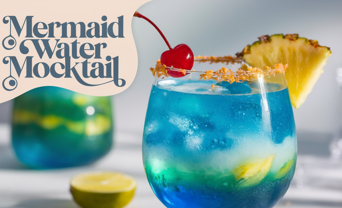 A tropical Mermaid Water Mocktail in a clear glass, featuring a bright blue-green color with a garnish of pineapple and mint, served with a straw.