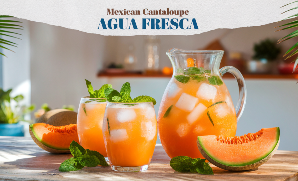 Fresh Mexican cantaloupe agua fresca served over ice in a clear glass, garnished with a sprig of mint.