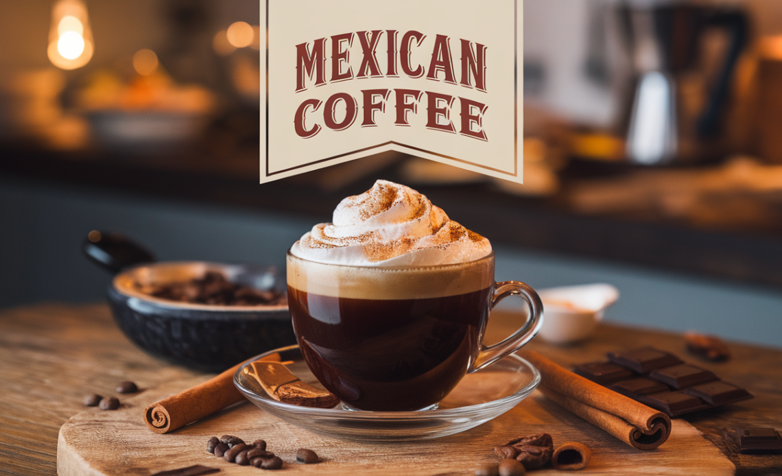lose-up of a steaming cup of traditional Mexican coffee served in a clay mug, with cinnamon sticks and brown sugar beside it.