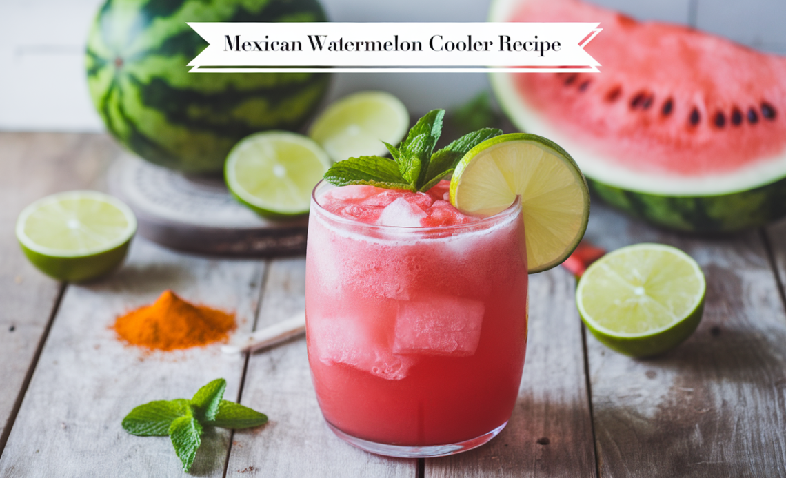 A tall glass of Mexican Watermelon Cooler garnished with a lime wedge and mint leaves, filled with bright pink watermelon juice and ice cubes.