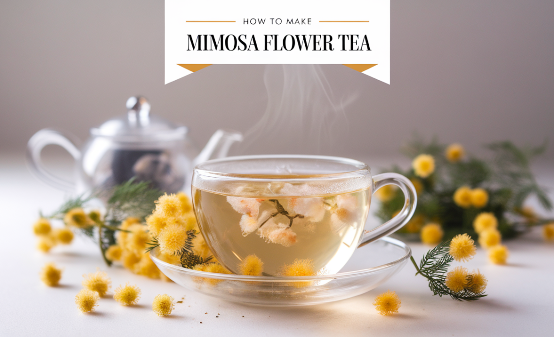A steaming cup of Mimosa Flower Tea with delicate pink petals floating on the surface, served with a slice of lemon and a honey dipper.