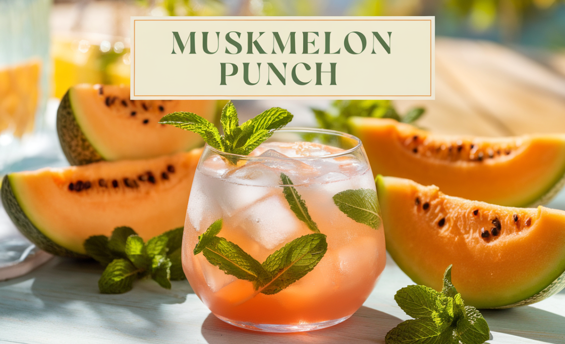 Refreshing glass of muskmelon punch with mint leaves and ice cubes.