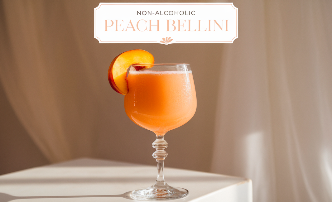 A glass of non-alcoholic peach bellini, with peach puree and sparkling water, garnished with a fresh peach slice and a sprig of mint.