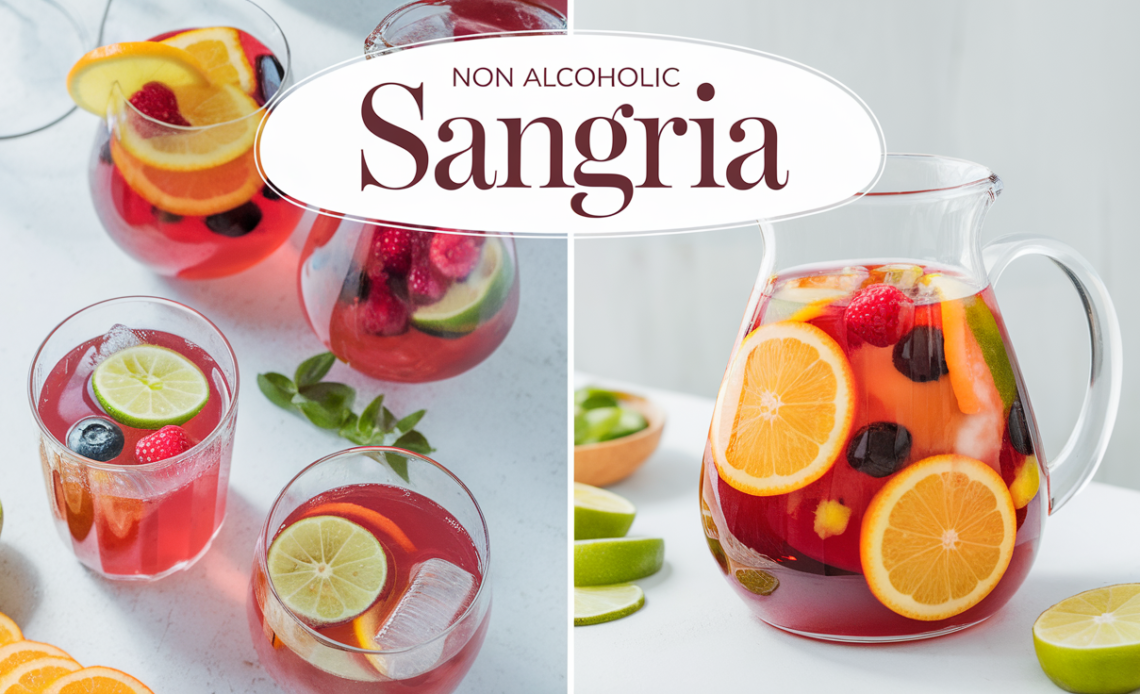 A glass of non-alcoholic sangria filled with vibrant fruits like oranges, berries, and apples, served over ice with a refreshing garnish of mint.