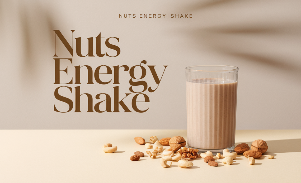 A nutritious Nuts Energy Shake in a glass, filled with blended almonds, walnuts, and seeds, topped with a sprinkle of chia seeds and served with a straw.
