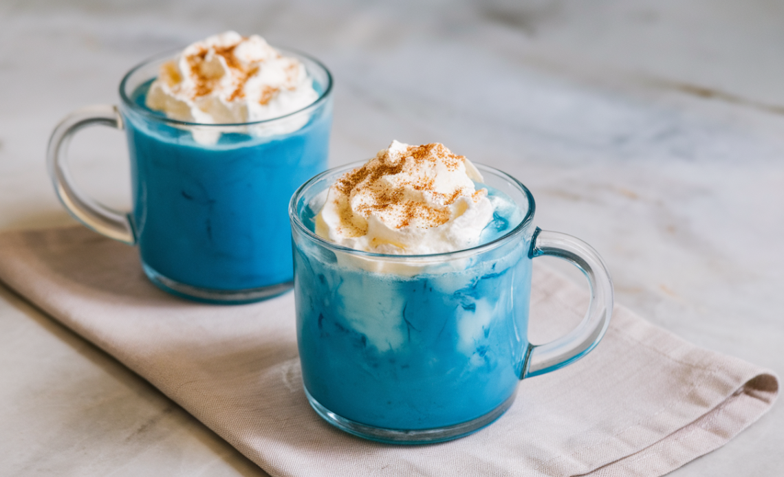 A frothy Ocean Latte served in a glass cup, with layers of creamy blue spirulina, milk, and a swirl of foam, garnished with a sprinkle of blue powder.