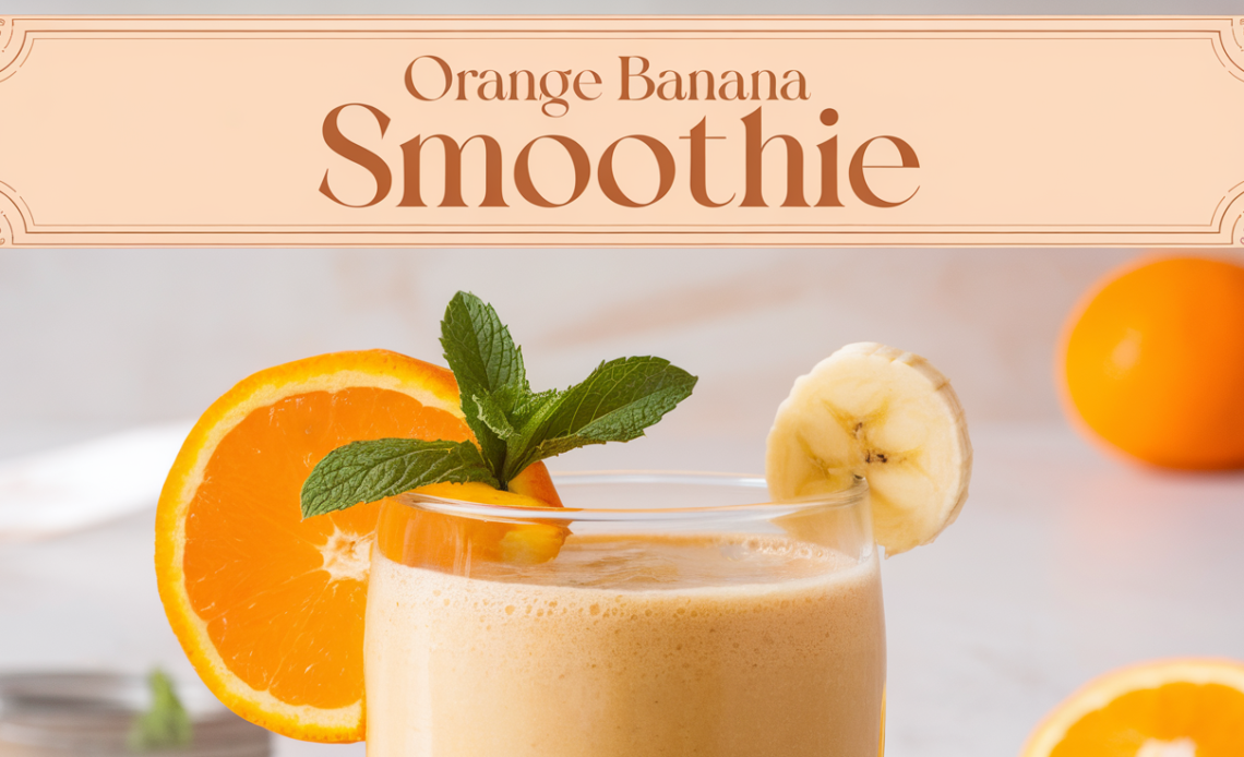 A creamy orange banana smoothie served in a glass, topped with a slice of orange and banana, with a colorful straw.