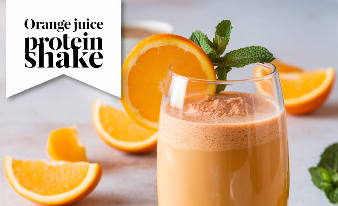 A creamy orange juice protein shake in a glass, garnished with an orange slice and a straw, placed on a wooden table with protein powder and fresh oranges in the background.