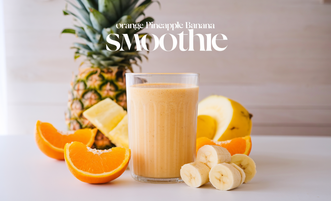 A refreshing orange, pineapple, and banana smoothie in a tall glass, garnished with a slice of orange and pineapple, served with a straw.