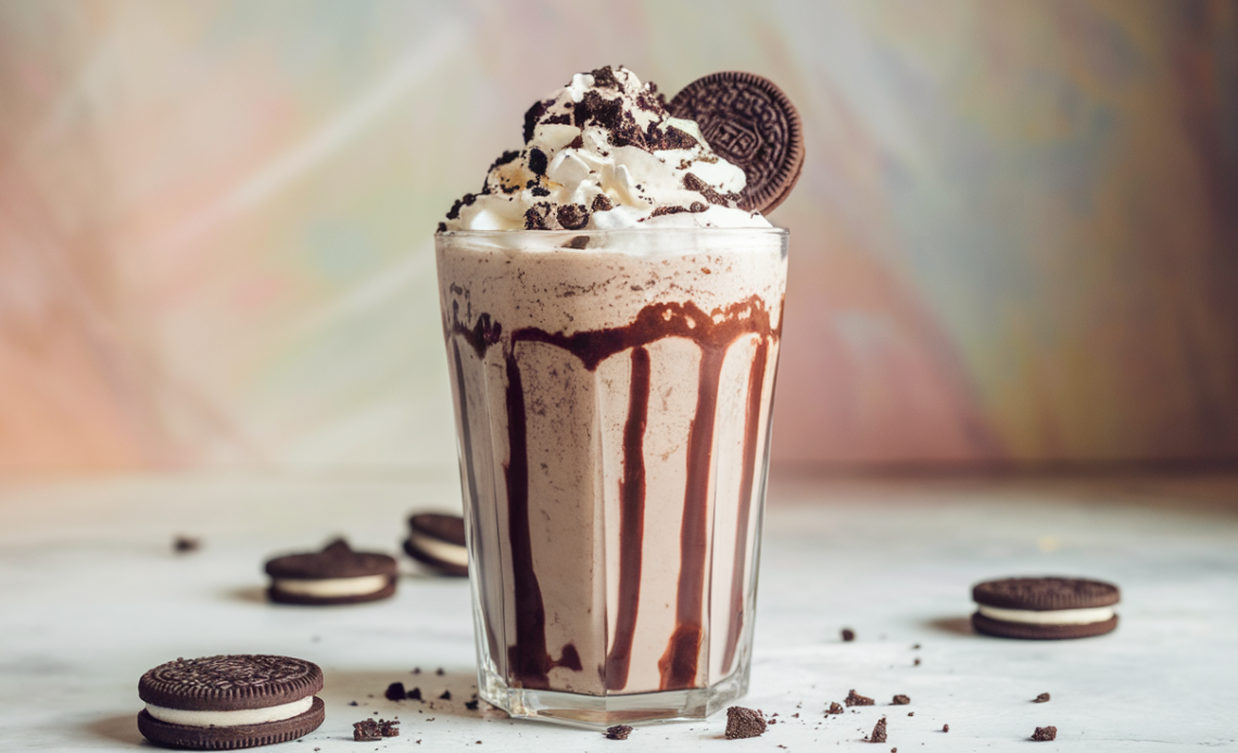 Tall glass of Oreo milkshake topped with whipped cream, crushed Oreo cookies, and a straw.
