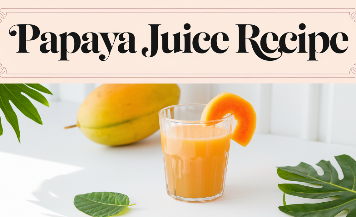 A glass of fresh papaya juice with a slice of papaya on the rim, served over ice, with a vibrant orange color.