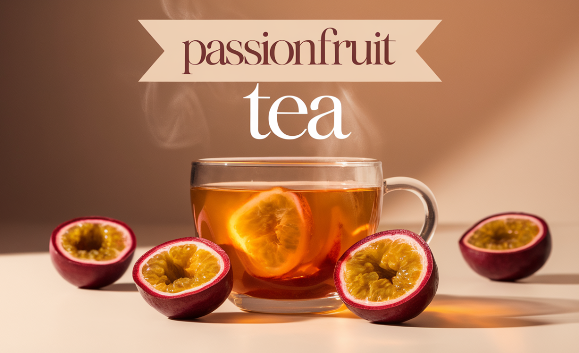 A refreshing glass of iced passionfruit tea with a slice of lemon and a sprig of mint, served with ice cubes.