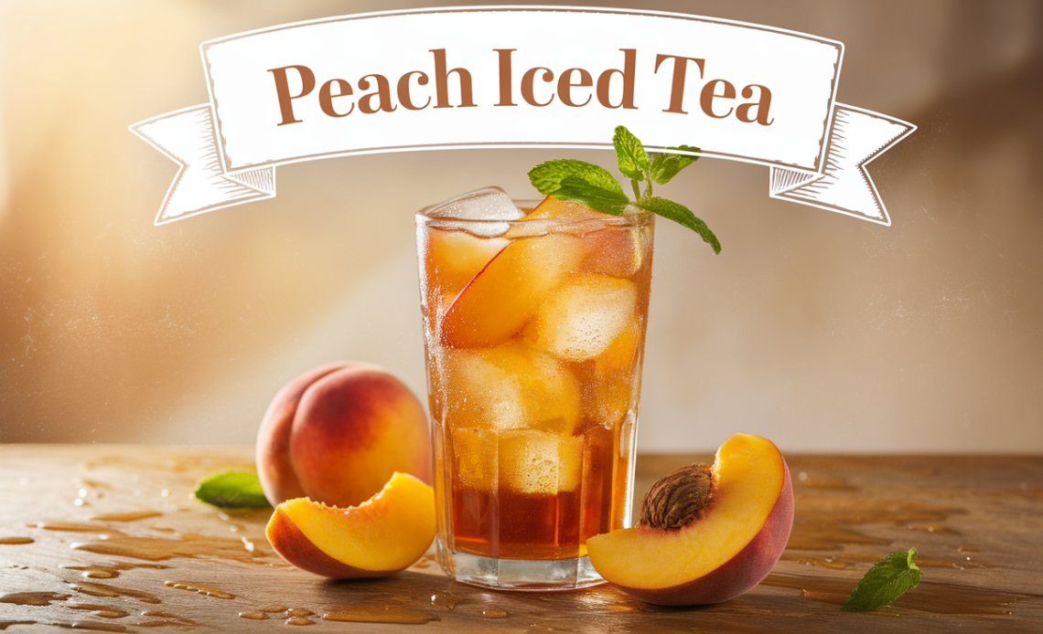 A tall glass of peach iced tea with ice cubes, garnished with a slice of peach and a sprig of mint, served on a wooden table.