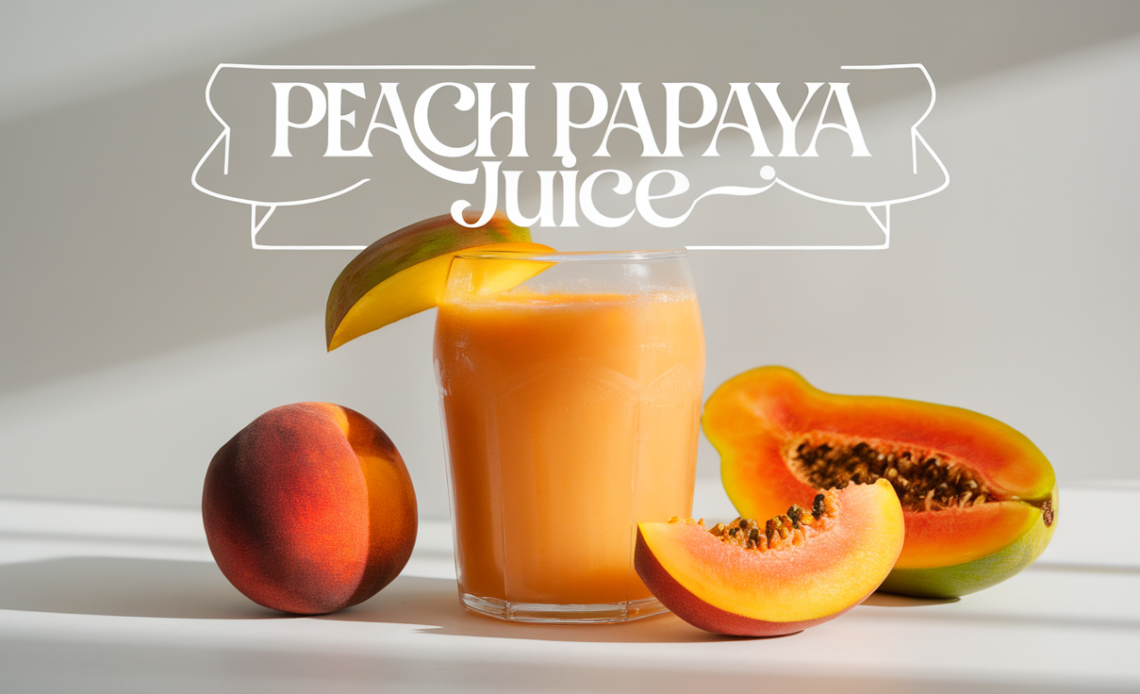 A tall glass of fresh peach papaya juice, garnished with a slice of peach and papaya on the rim, served over ice with a straw.