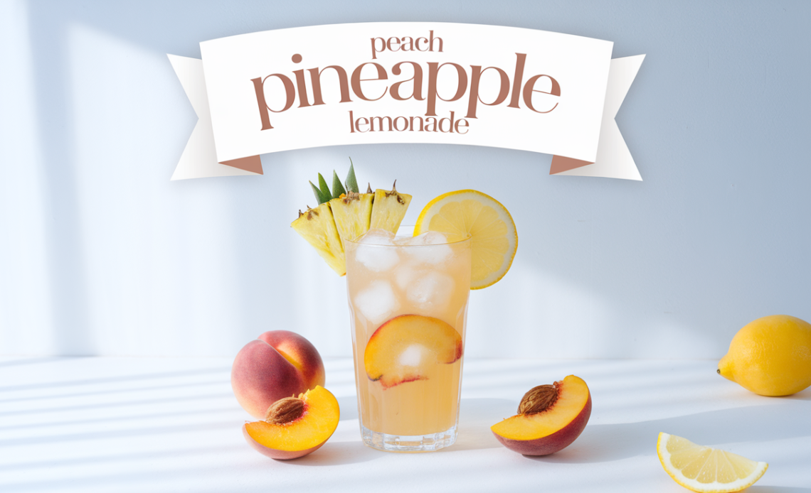 A refreshing glass of peach pineapple lemonade with ice, garnished with a slice of peach and a pineapple wedge, served in a tall glass with a straw.
