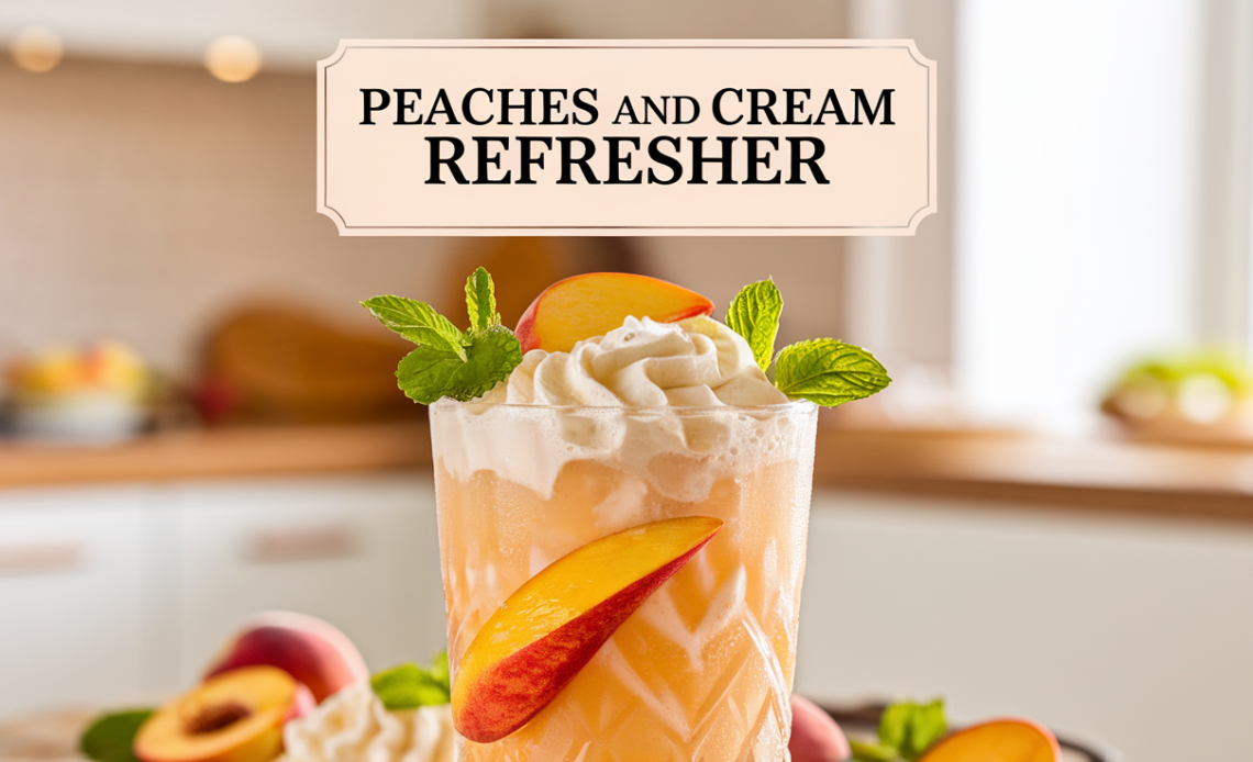 A chilled glass of peaches and cream refresher topped with whipped cream and peach slices, sitting on a rustic wooden table.