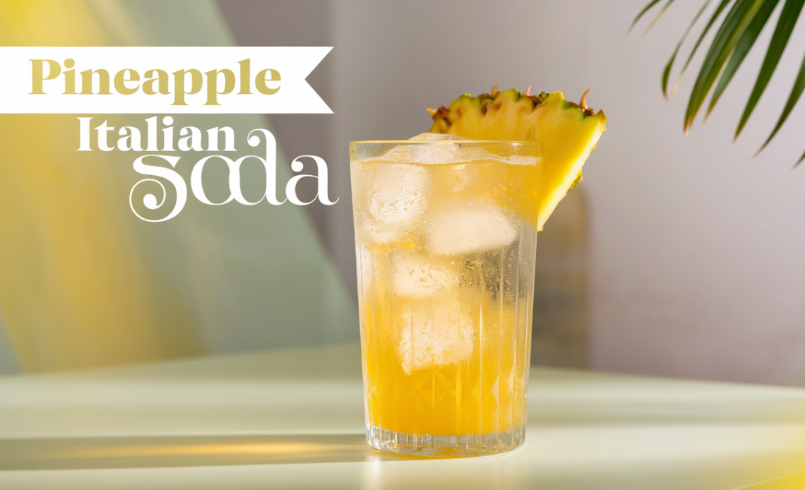 A tall glass of pineapple Italian soda with ice, layered with creamy foam on top, garnished with a pineapple slice and a striped straw.