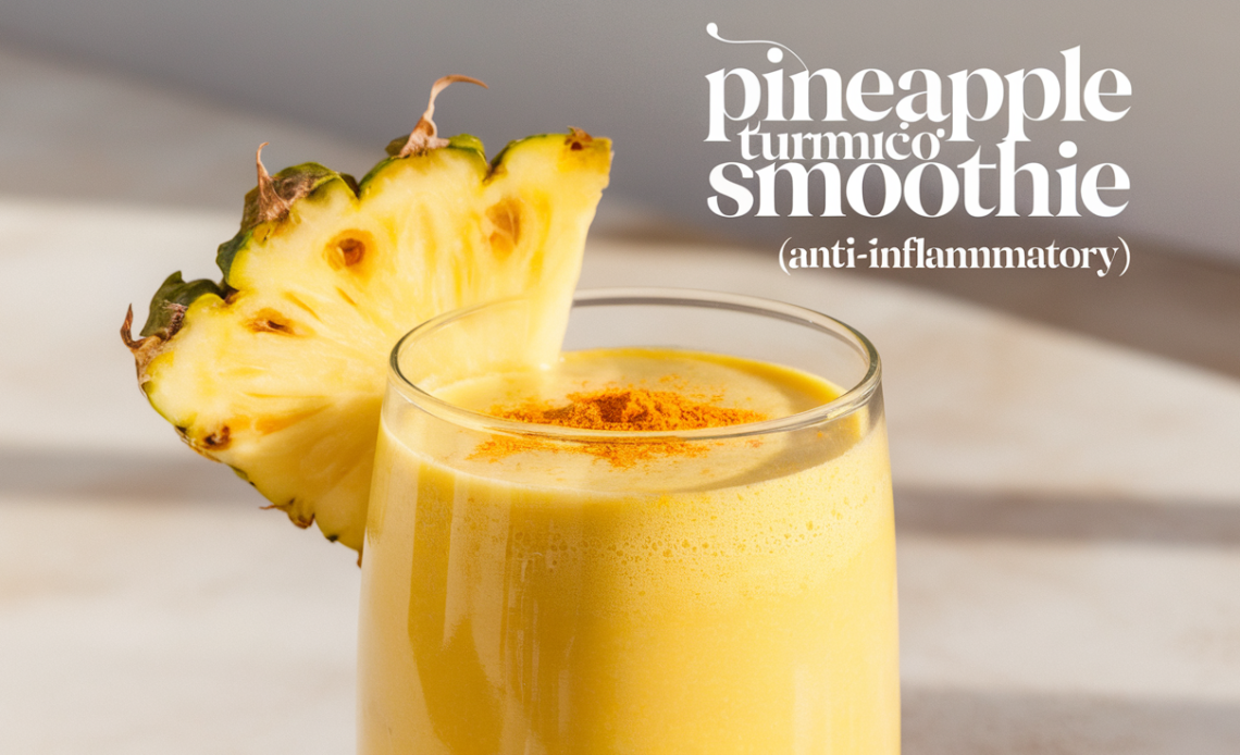 A vibrant yellow pineapple turmeric smoothie in a glass, garnished with a slice of pineapple and a sprinkle of turmeric powder.