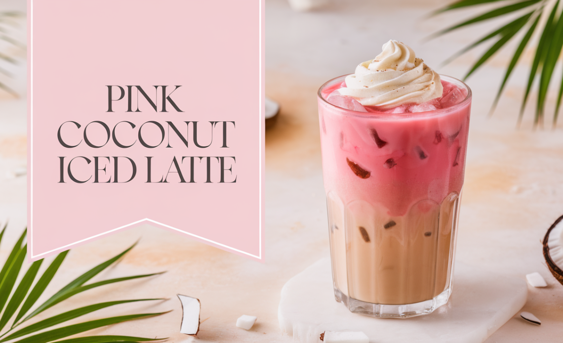 A refreshing pink coconut iced latte served in a tall glass with ice cubes, topped with a light pink coconut foam.