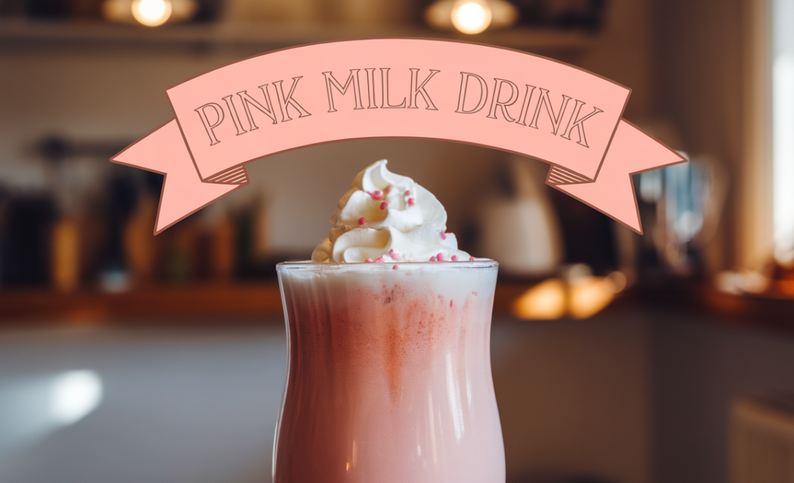 A refreshing glass of pink milk drink with a vibrant pink color, topped with a sprinkle of garnish, sitting on a white table.