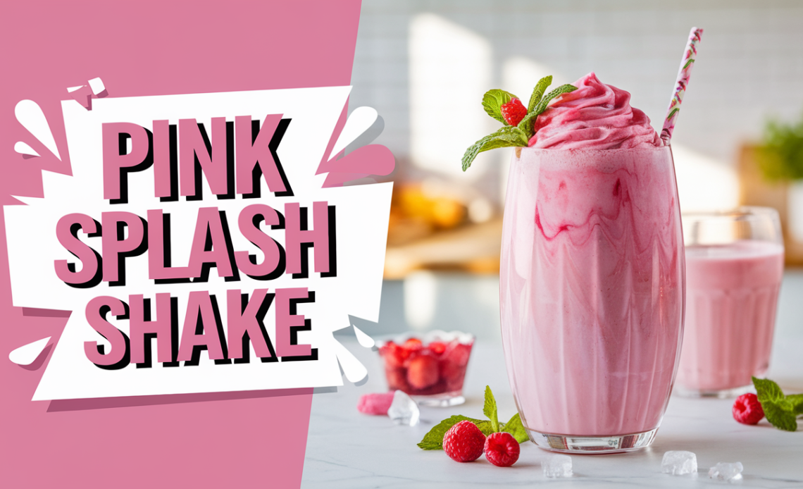 A vibrant pink splash shake in a clear glass with a colorful swirl on top.