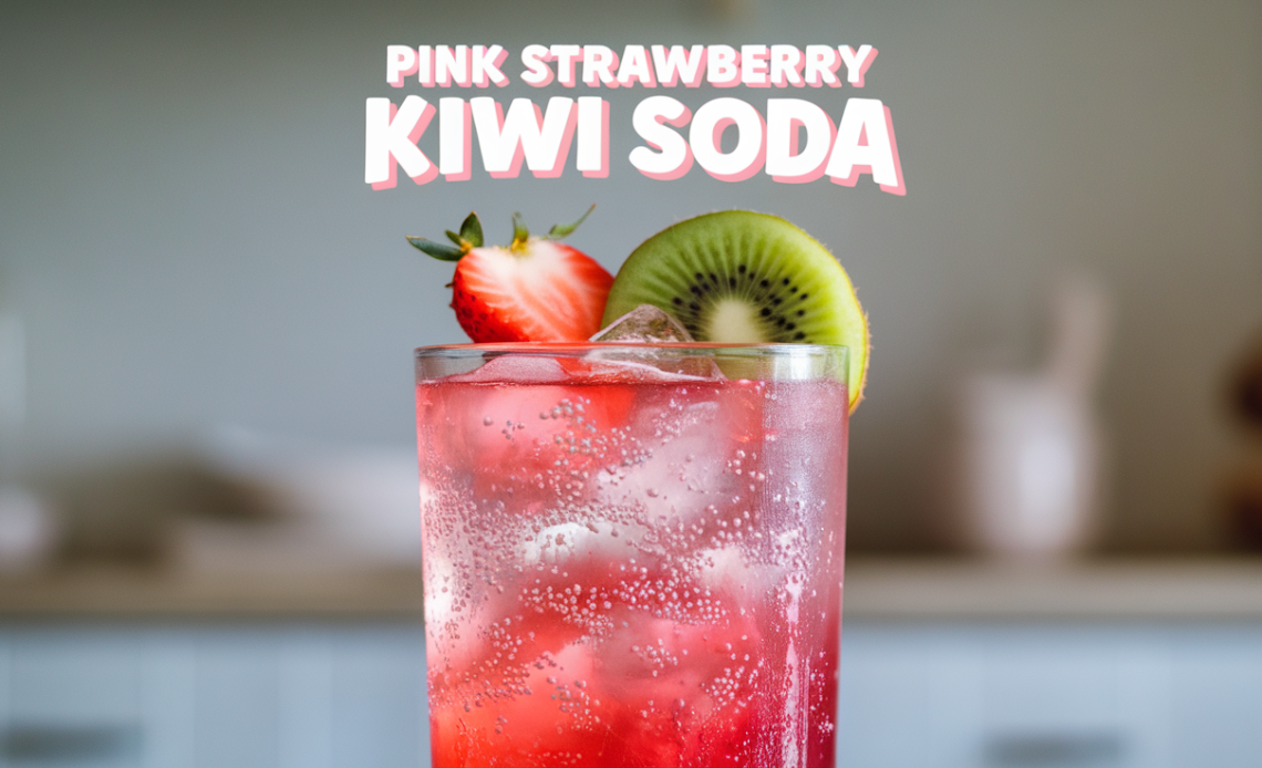 Refreshing pink strawberry kiwi soda in a glass with ice and a slice of strawberry and kiwi garnish.