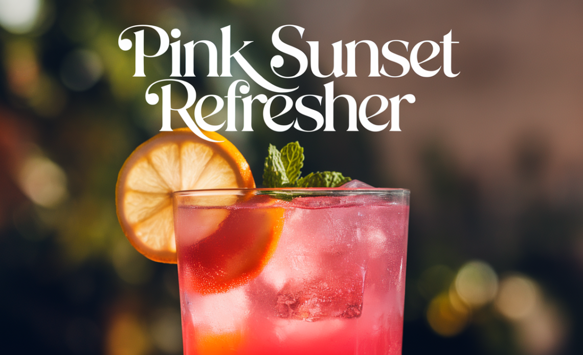A glass of Pink Sunset Refresher, a vibrant drink with a gradient pink color, garnished with a slice of lime and a sprig of mint, served with ice.