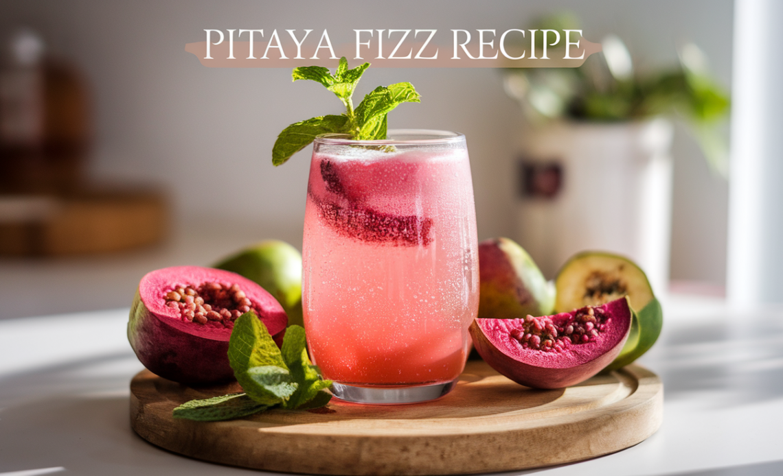 A refreshing glass of Pitaya Fizz, garnished with fresh mint leaves and slices of pitaya fruit.