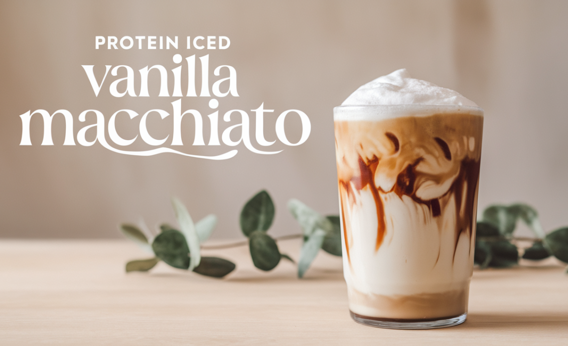A frothy Protein Iced Vanilla Macchiato in a glass, layered with espresso, ice, and creamy vanilla protein milk, garnished with a drizzle of vanilla syrup.