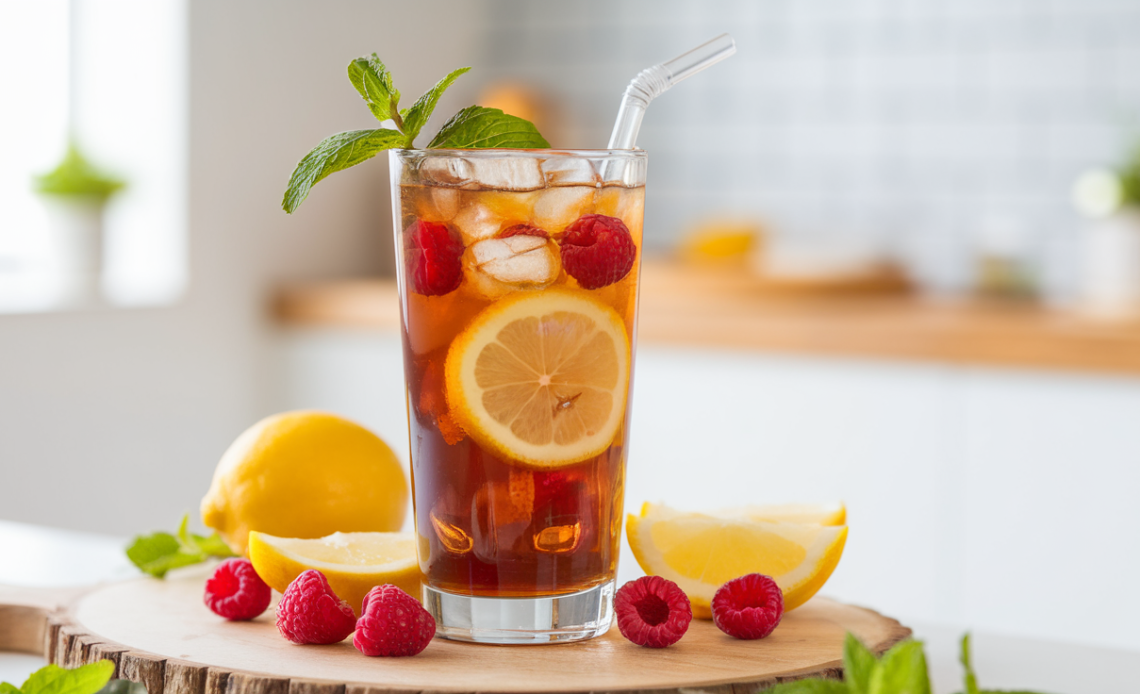 A refreshing glass of raspberry lemon iced tea with ice cubes, garnished with fresh raspberries and lemon slices, sitting on a wooden table with a mint sprig.