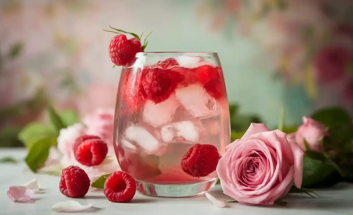 A refreshing glass of Raspberry Rose Tea Lemonade with vibrant pink hues, garnished with fresh raspberries and a slice of lemon.