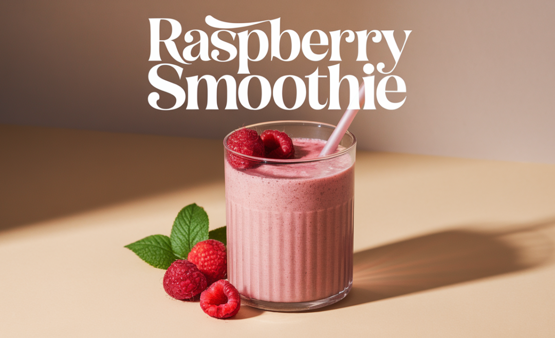 A creamy raspberry smoothie in a glass, garnished with fresh raspberries and mint leaves, served with a straw.