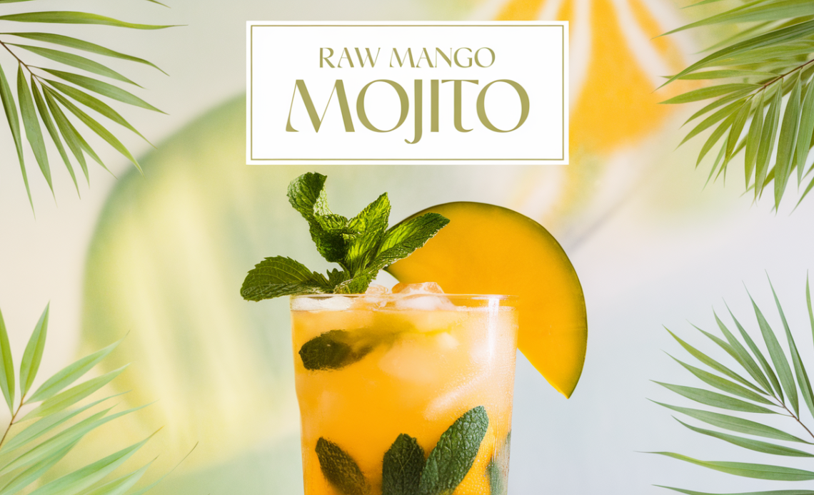 A refreshing glass of Raw Mango Mojito garnished with mint leaves, lime wedges, and a colorful straw.
