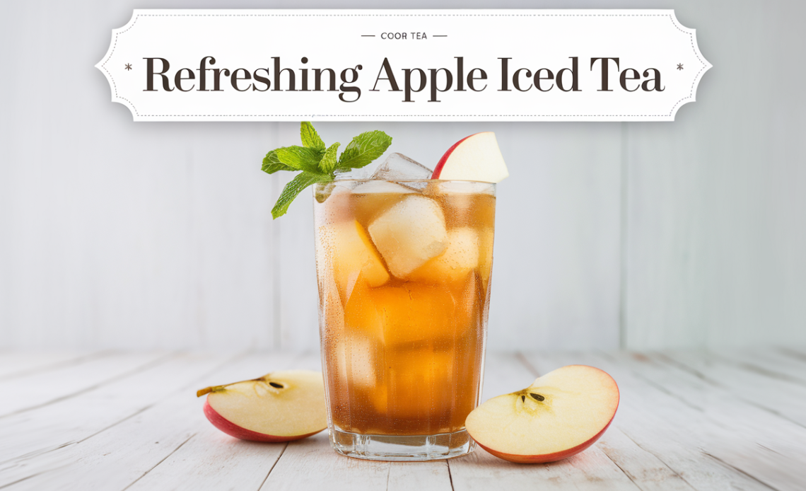 A tall glass of refreshing apple iced tea with ice cubes, garnished with fresh apple slices and a sprig of mint.