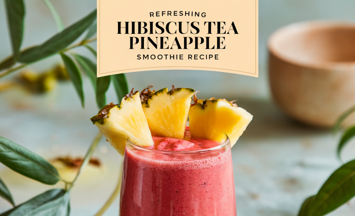 A vibrant hibiscus tea pineapple smoothie in a glass, garnished with a slice of pineapple and a sprig of mint, served with a straw.