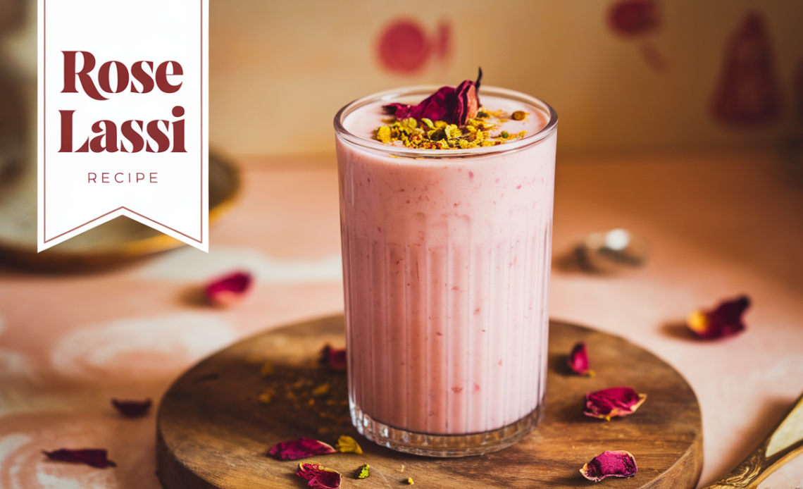 A glass of chilled rose lassi topped with crushed pistachios and dried rose petals, served on a wooden tray with rose syrup and fresh roses beside it.