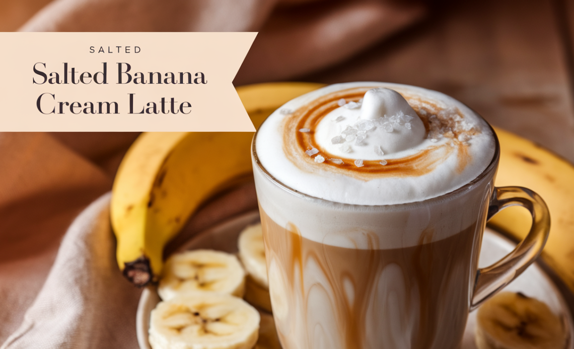 A delicious Salted Banana Cream Latte topped with whipped cream, banana slices, and a sprinkle of sea salt in a cozy mug.