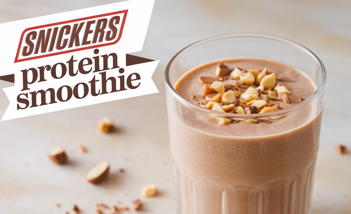 A creamy Snickers Protein Smoothie in a glass, topped with crushed peanuts, chocolate drizzle, and a slice of banana, with a straw on the side.