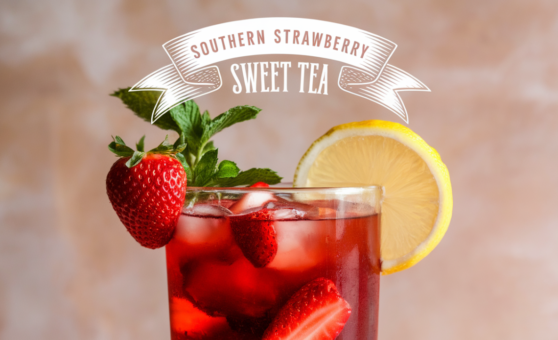 A tall glass of Southern strawberry sweet tea with fresh strawberry slices and mint, served over ice with a lemon wedge garnish.