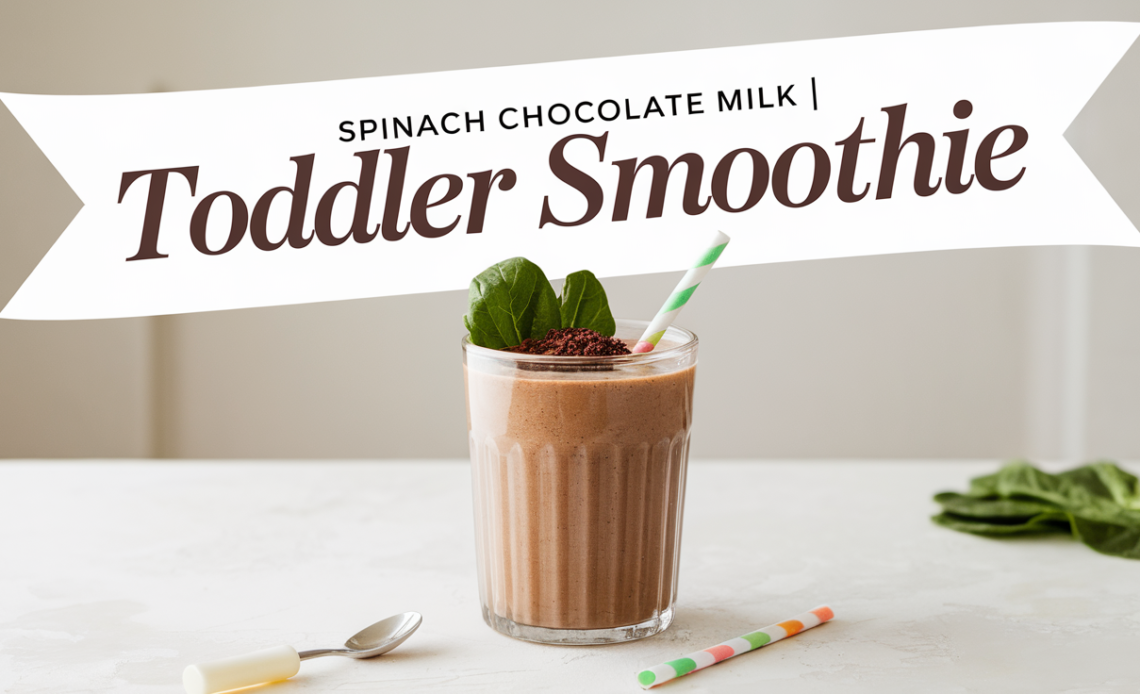 A glass of creamy spinach chocolate milk smoothie, topped with a sprinkle of cocoa powder and served with a fun striped straw—perfect for toddlers.